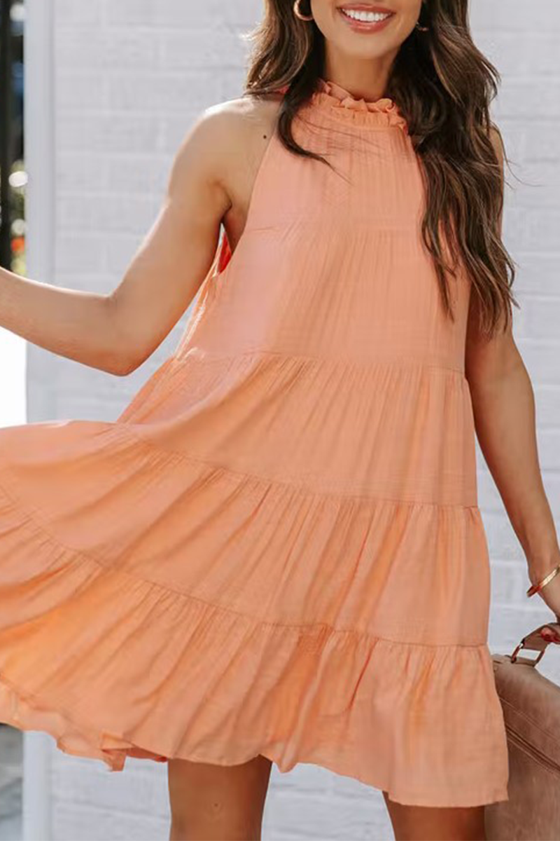 Casual & Stylish Classic Solid Patchwork Halter Cake Skirt Dresses(5 Colors)