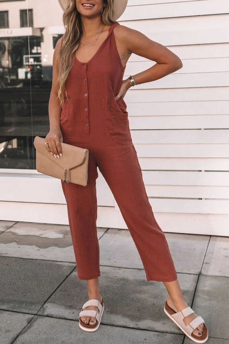 Casual en stijlvolle klassieke effen rechte jumpsuits met splitverbinding en U-hals