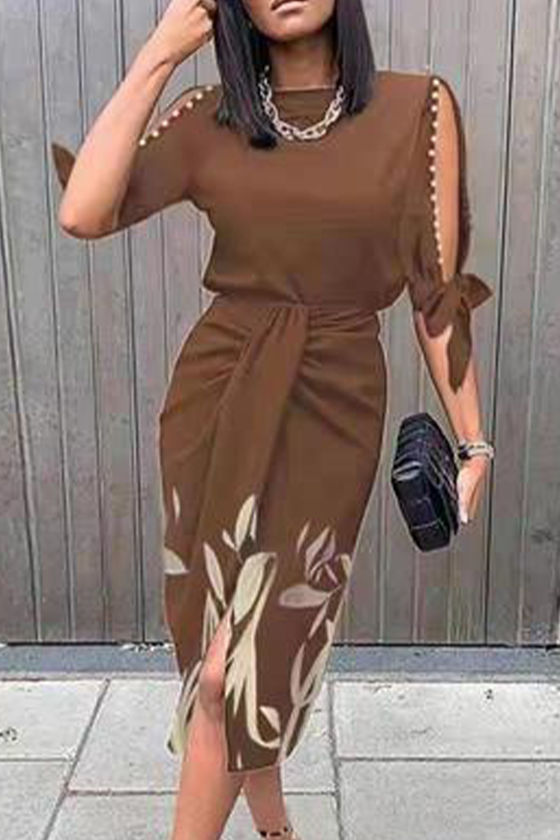 Casual & Stylish Print O Neck Waist Skirt Dresses(5 Colors)