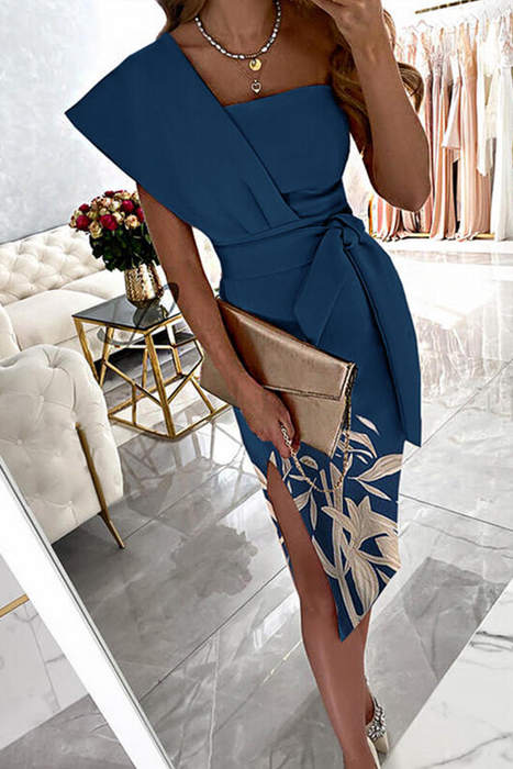 Casual Print Patchwork One Shoulder Pencil Skirt Dresses Elegant For Special Occasions