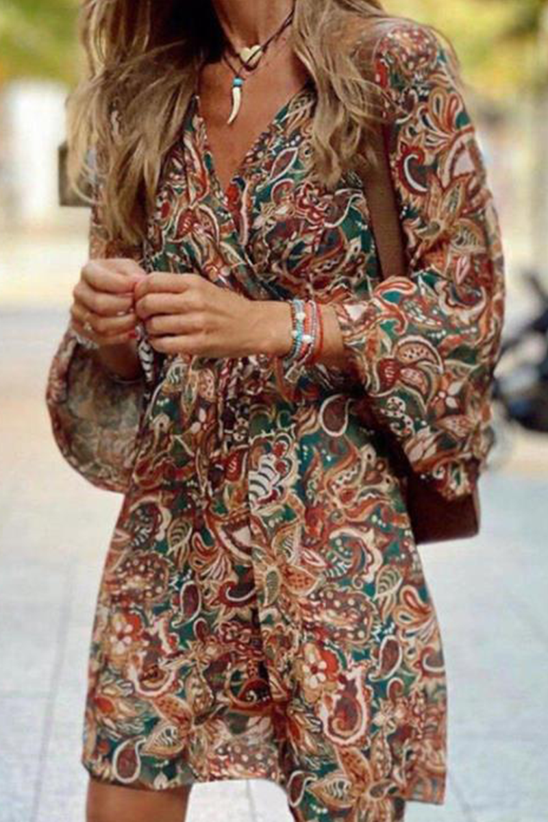 Casual en stijlvolle print split joint V-hals taille rokjurken