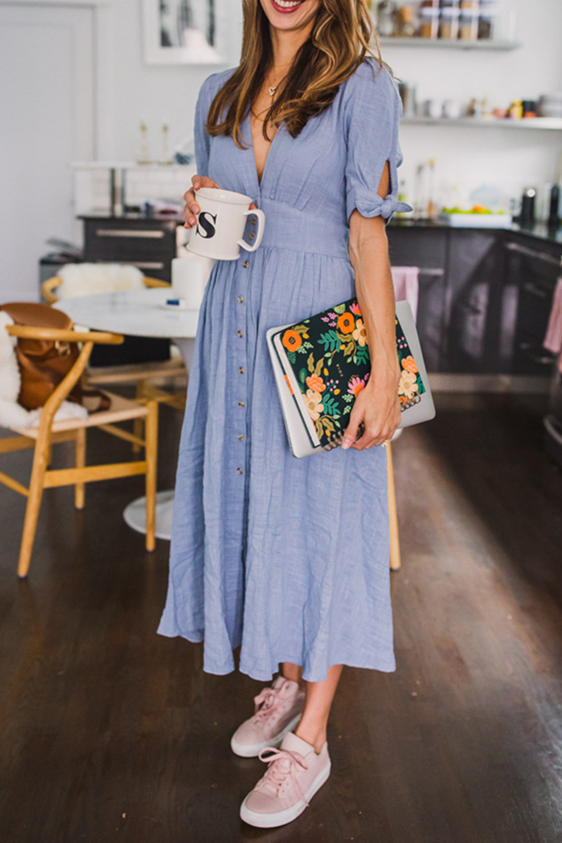 Casual en stijlvolle klassieke effen split-joint V-hals taille rokjurken