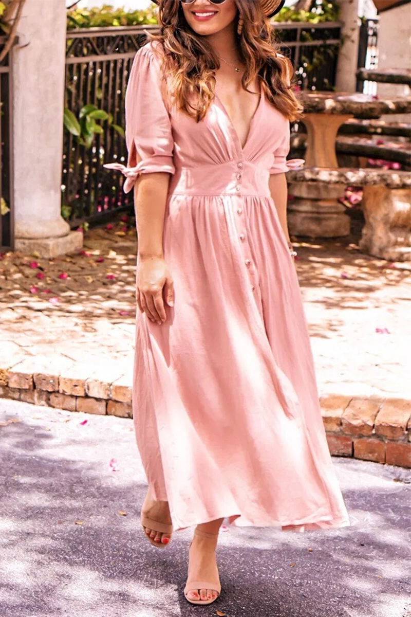 Casual en stijlvolle klassieke effen split-joint V-hals taille rokjurken