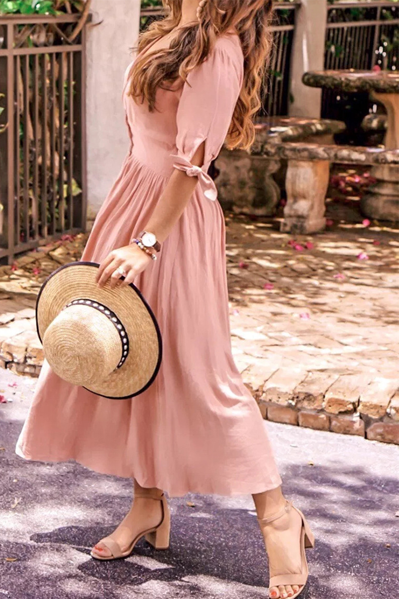 Casual en stijlvolle klassieke effen split-joint V-hals taille rokjurken