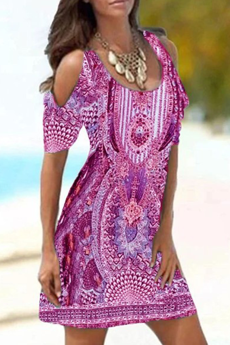 Stylish Printed Split Joint Pencil Skirt Dresses with U Neck