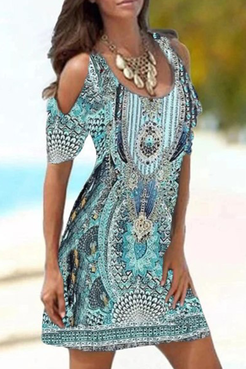 Stylish Printed Split Joint Pencil Skirt Dresses with U Neck