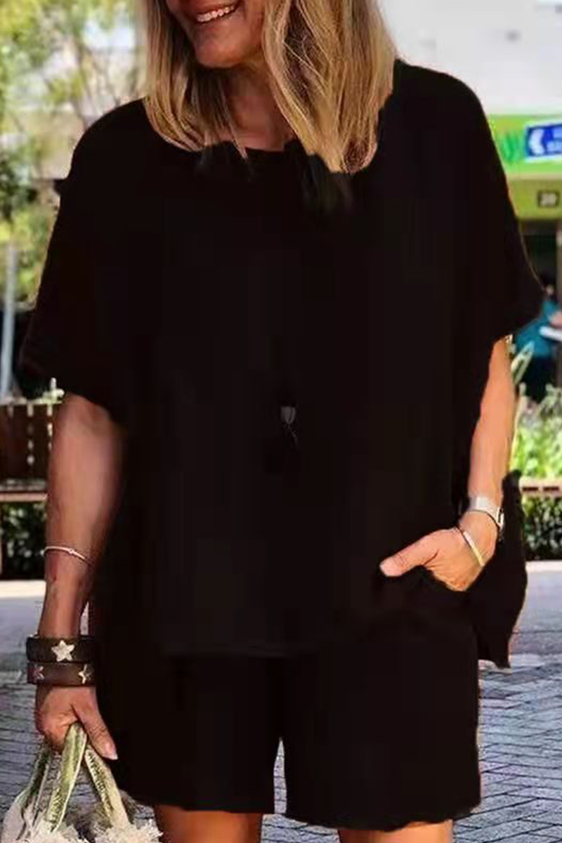 Fashion Classic Solid Split Joint O Neck Short Sleeve Two Pieces
