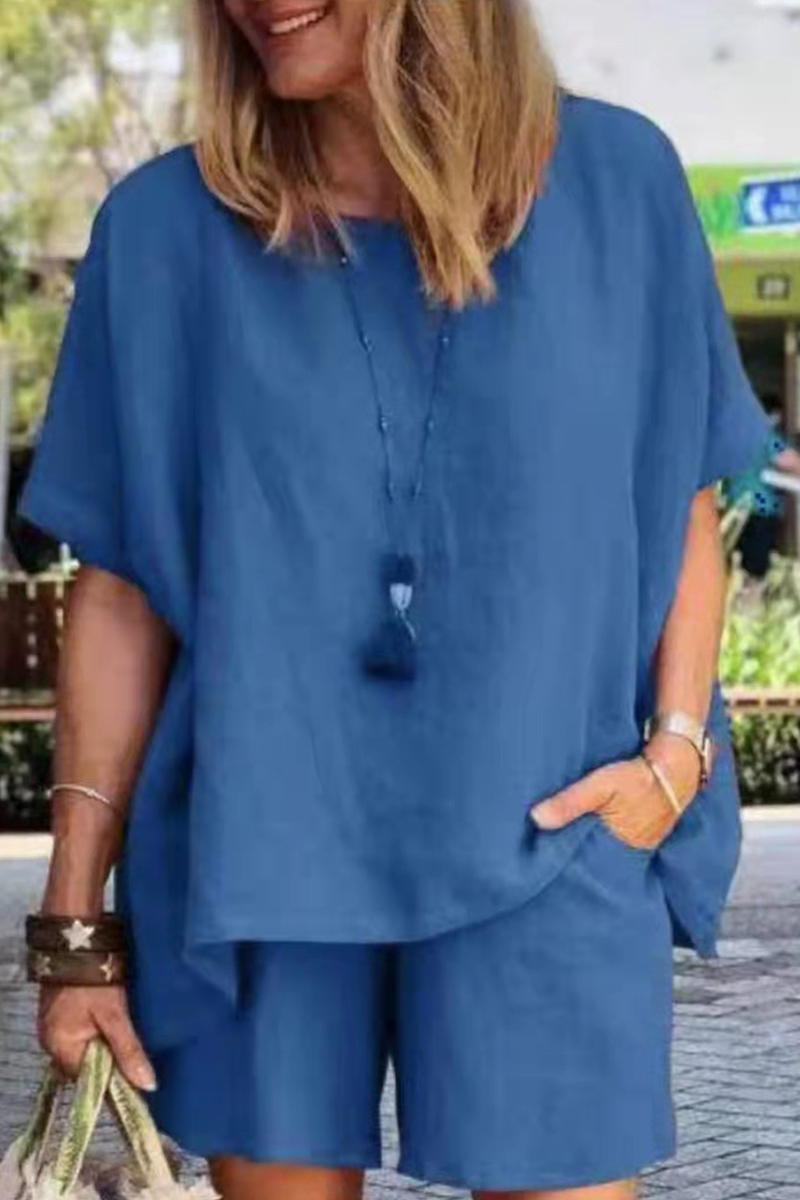 Fashion Classic Solid Split Joint O Neck Short Sleeve Two Pieces