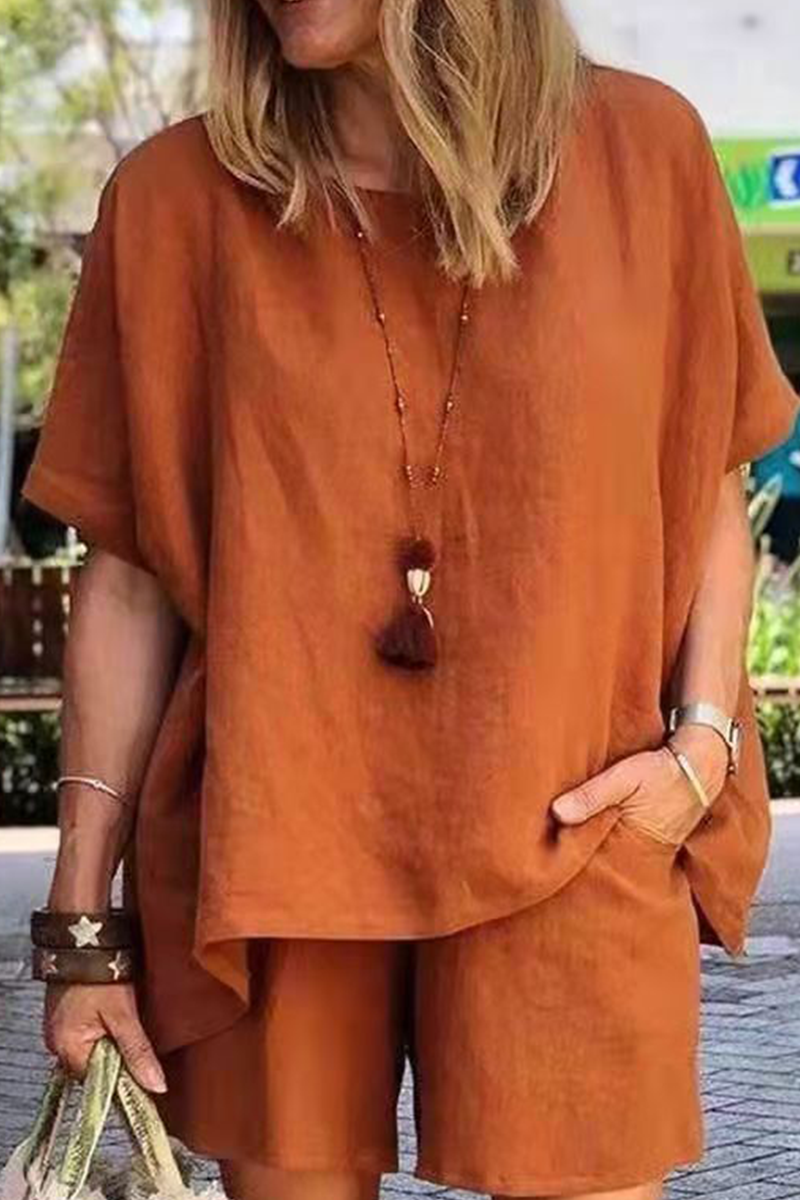 Fashion Classic Solid Split Joint O Neck Short Sleeve Two Pieces