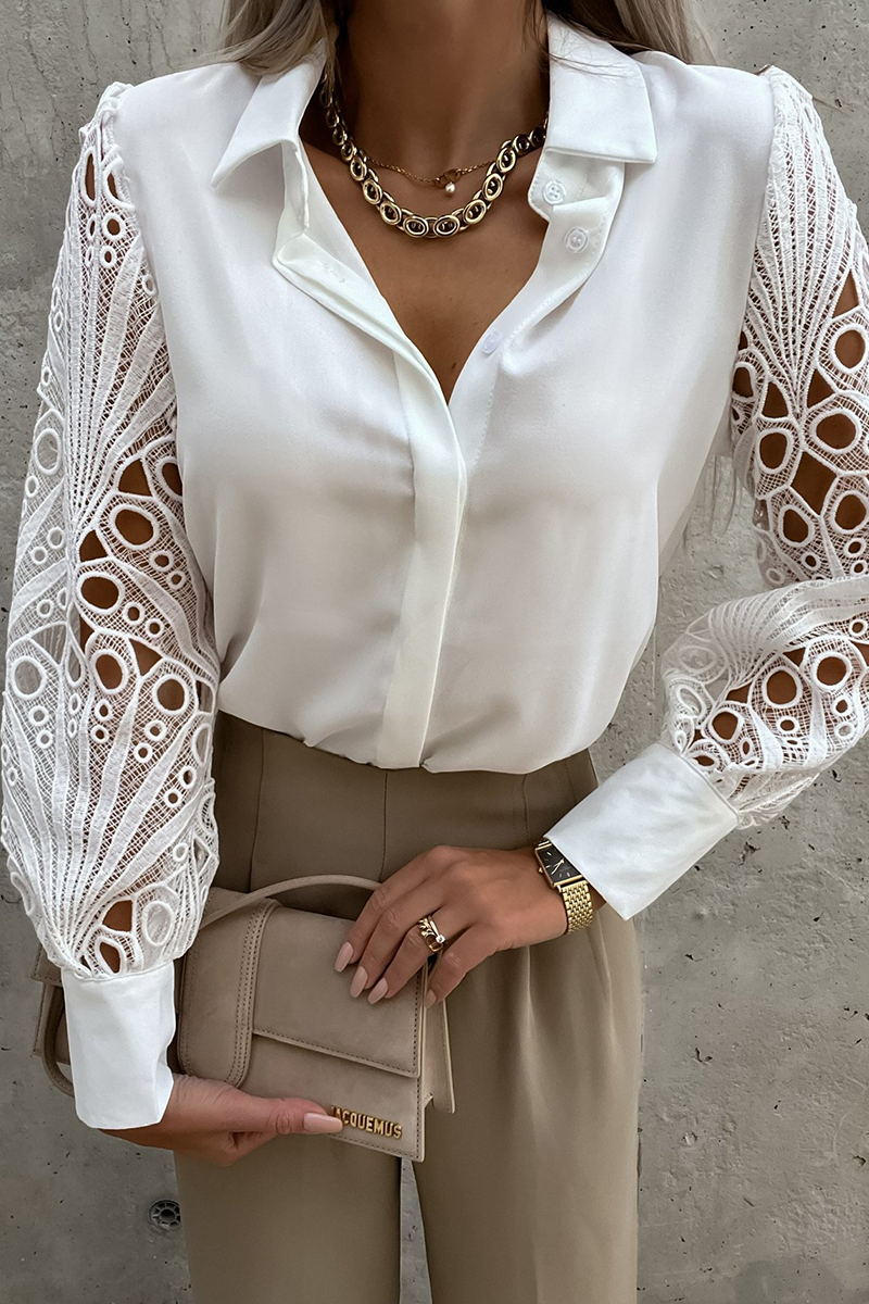 Fashion Classic Solid Hollowed Out Turndown Collar Blouses