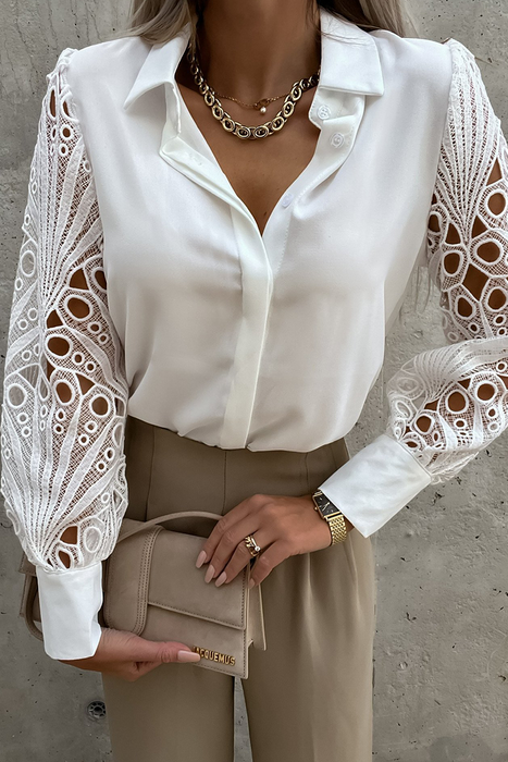Fashion Classic Solid Hollowed Out Turndown Collar Blouses