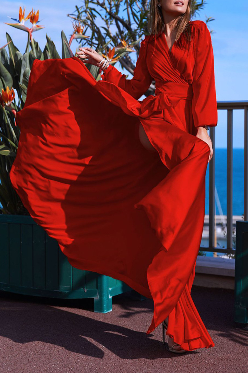 Casual & Stylish Classic Solid Slit V Neck Waist Skirt Dresses(3 Colors)