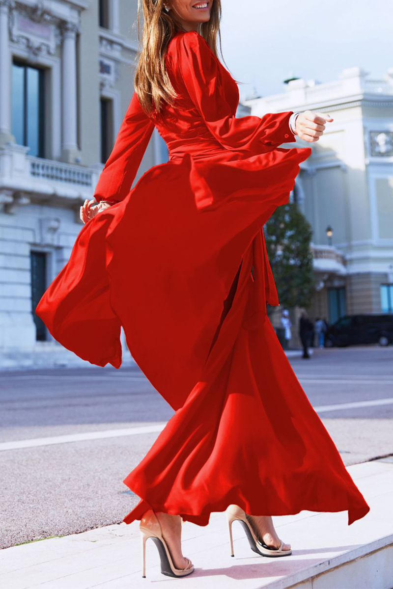 Casual & Stylish Classic Solid Slit V Neck Waist Skirt Dresses(3 Colors)