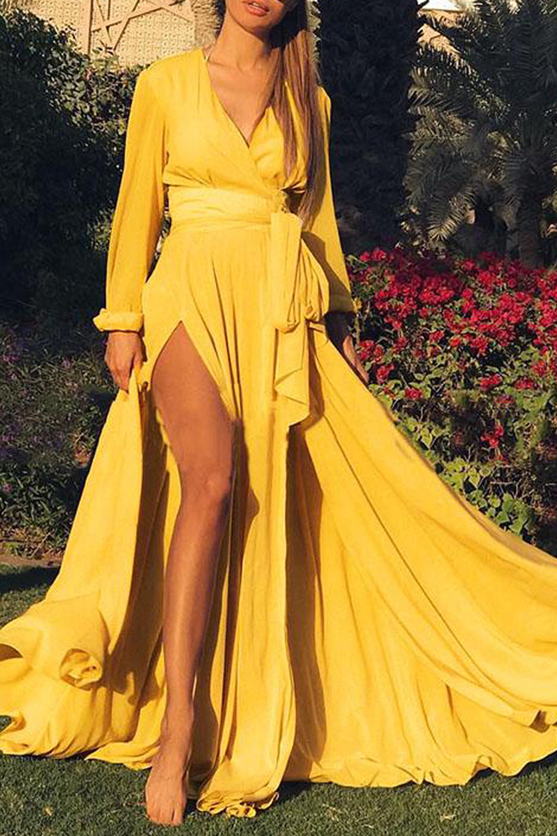 Casual & Stylish Classic Solid Slit V Neck Waist Skirt Dresses(3 Colors)