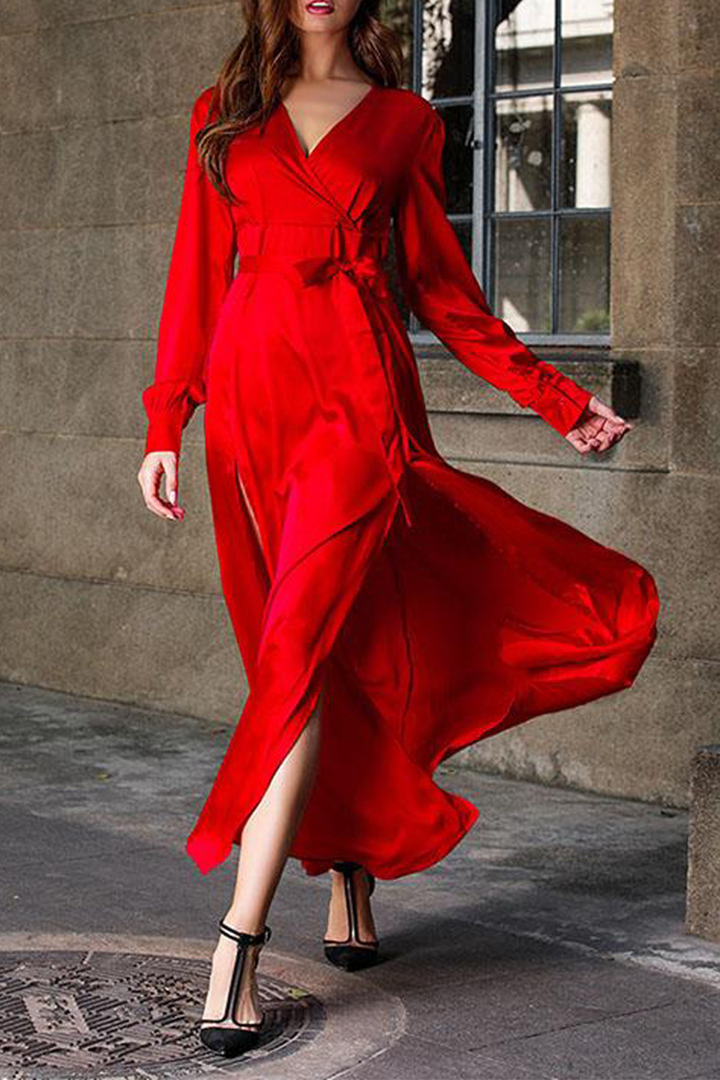 Casual & Stylish Classic Solid Slit V Neck Waist Skirt Dresses(3 Colors)