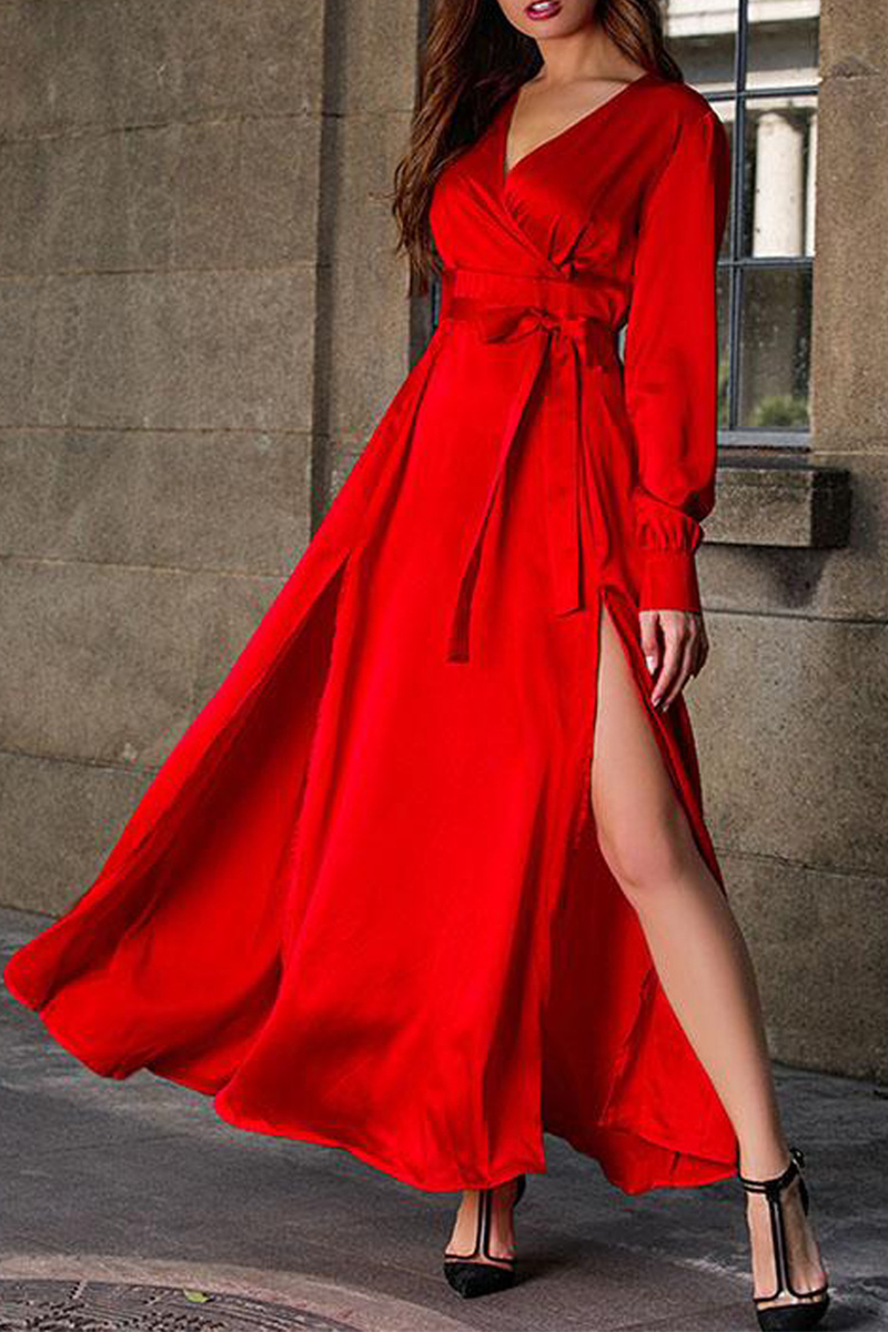 Casual & Stylish Classic Solid Slit V Neck Waist Skirt Dresses(3 Colors)