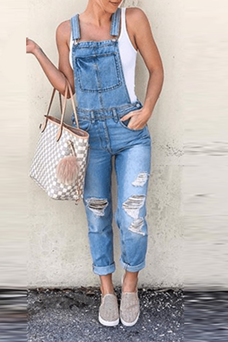Casual & Stylish Classic Solid Patchwork Square Collar Sleeveless Harlan Denim Jumpsuits