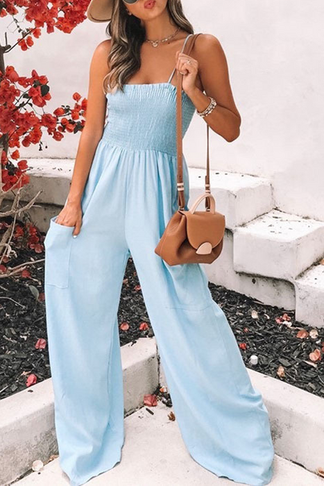 Fashion Living Classic Solid Pocket Spaghetti Strap Loose Jumpsuits(5 Colors)