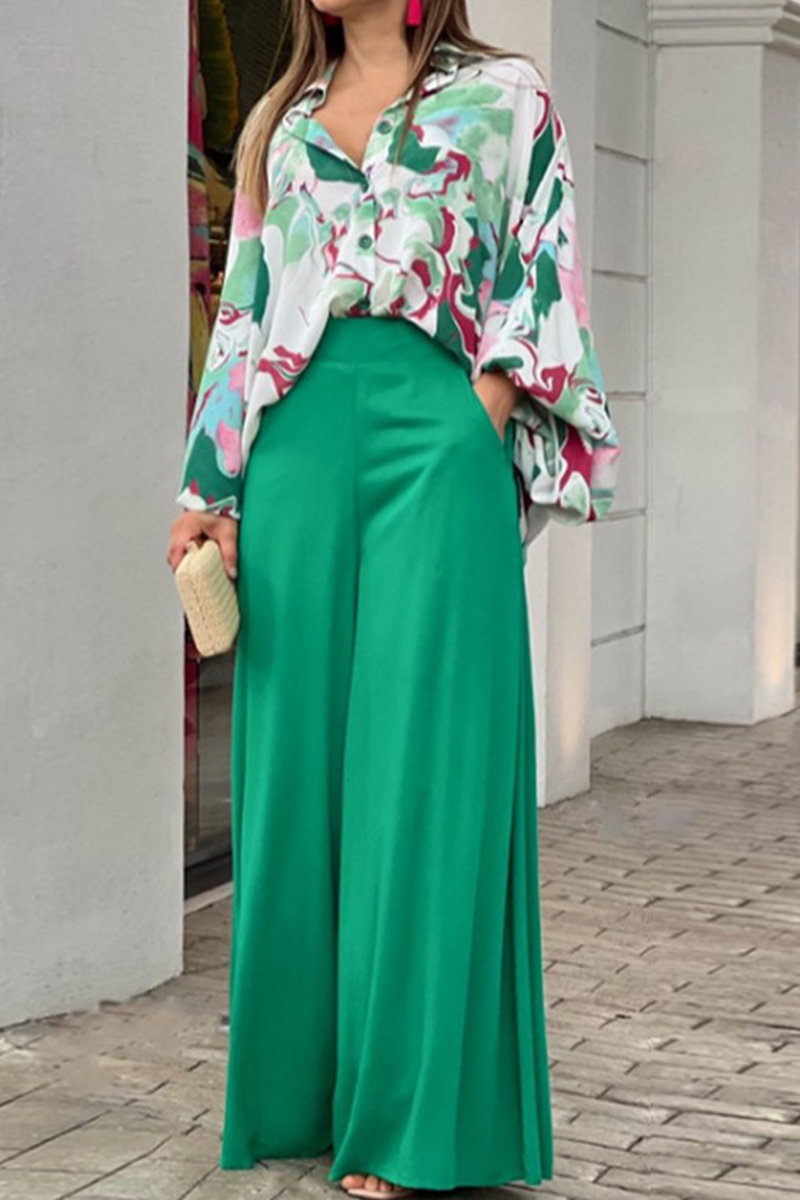 Two Pieces Fashion Print Patchwork Turndown Collar Long Sleeve (4 Colors)