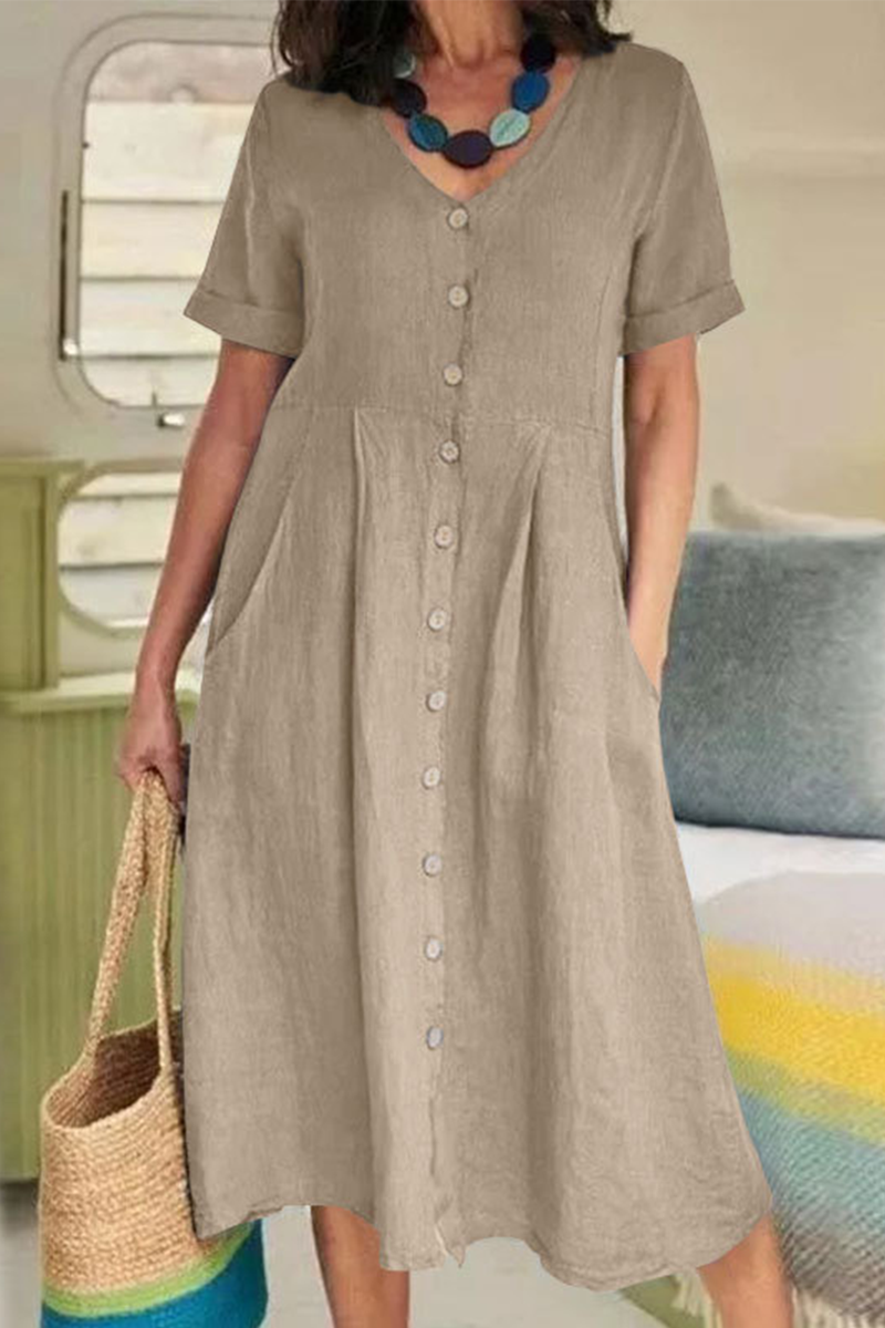 Casual effen rechte jurken met V-hals en gesp, elegant voor speciale gelegenheden