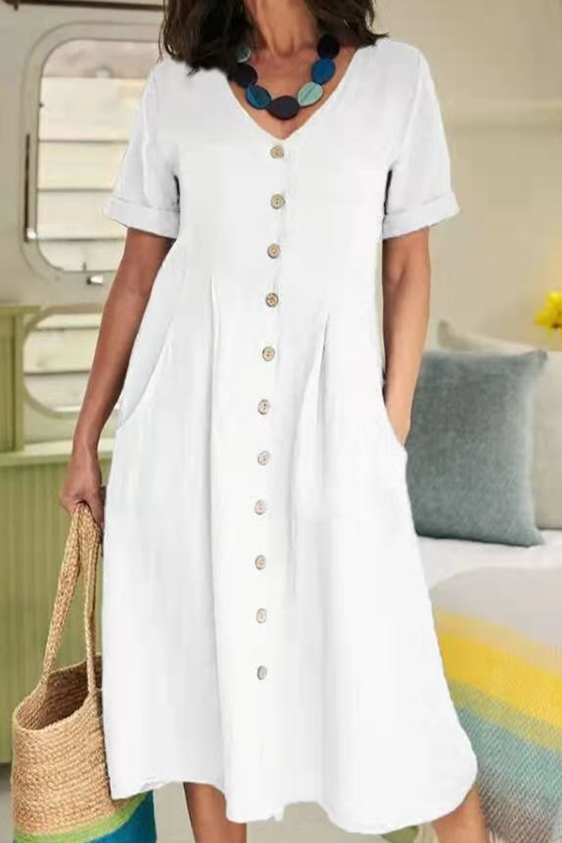 Casual effen rechte jurken met V-hals en gesp, elegant voor speciale gelegenheden