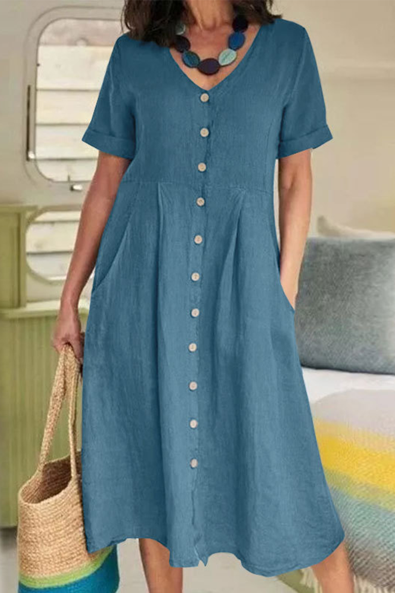 Casual effen rechte jurken met V-hals en gesp, elegant voor speciale gelegenheden