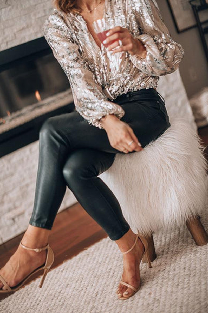 Elegant Patchwork Fold Sequins V Neck Blouses - A Must-Have Addition