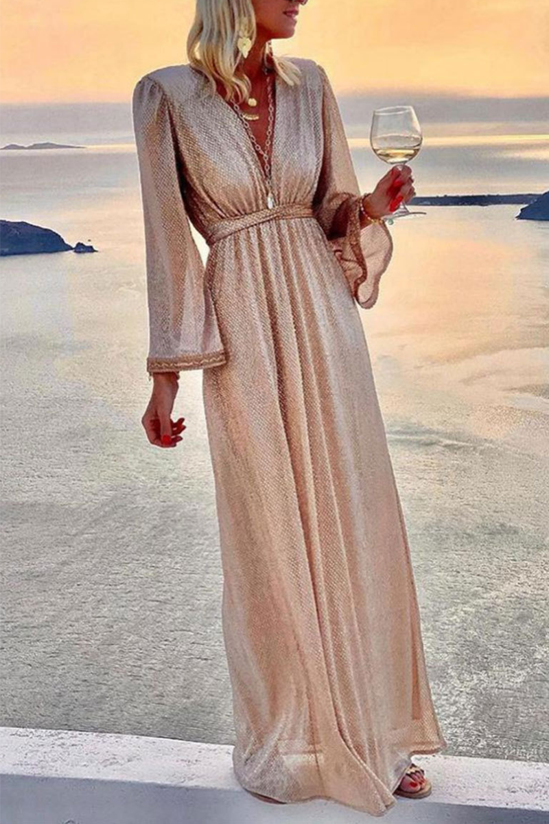 Fashion Elegant Solid Patchwork Fold V Neck Evening Dress Dresses Elegant For Special Occasions