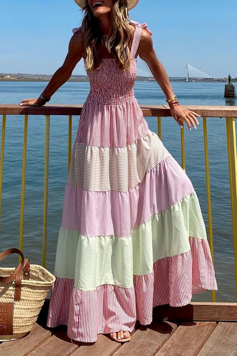 Casual en stijlvolle gestreepte patchwork contrasterende spaghettibandjes A-lijn jurken
