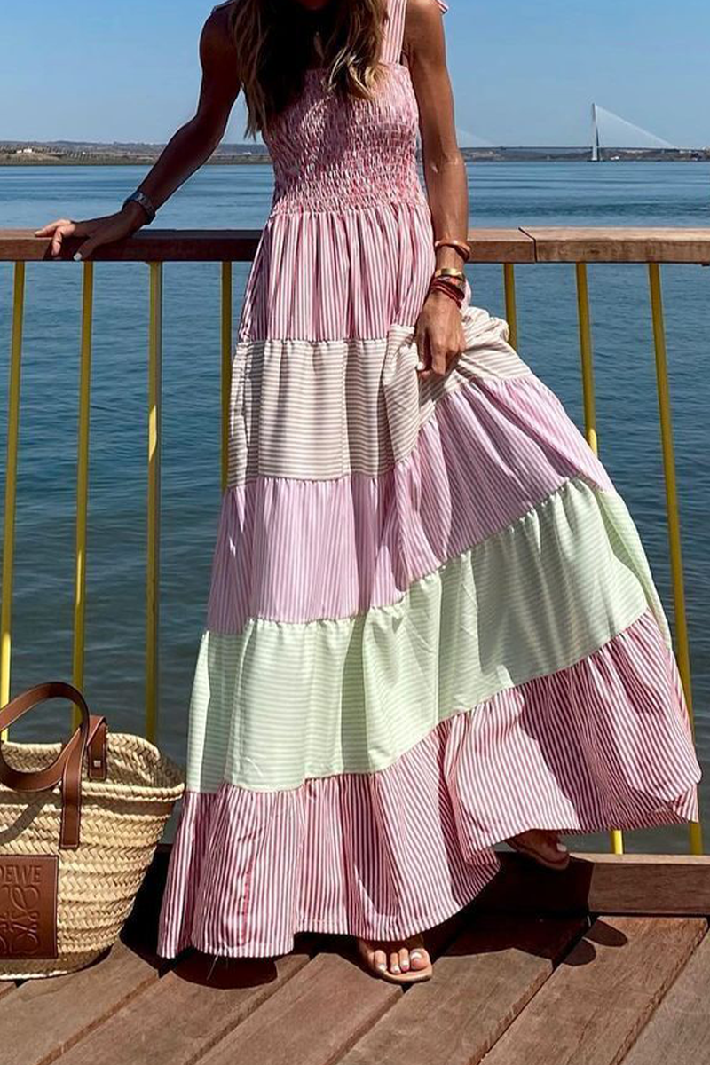 Casual en stijlvolle gestreepte patchwork contrasterende spaghettibandjes A-lijn jurken