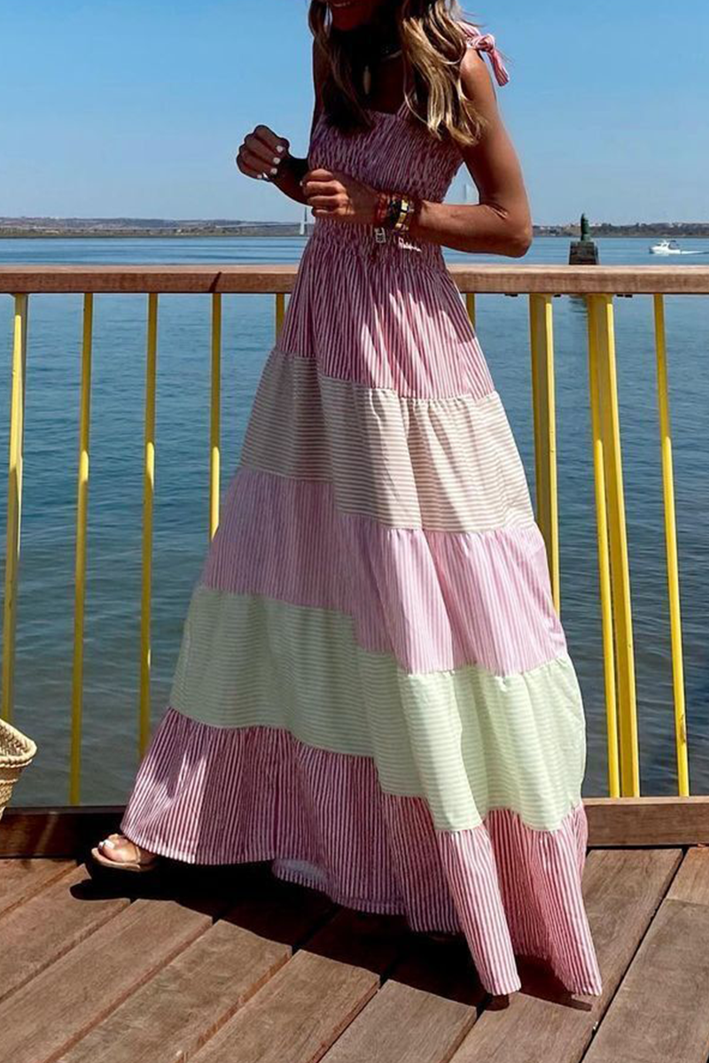 Casual en stijlvolle gestreepte patchwork contrasterende spaghettibandjes A-lijn jurken