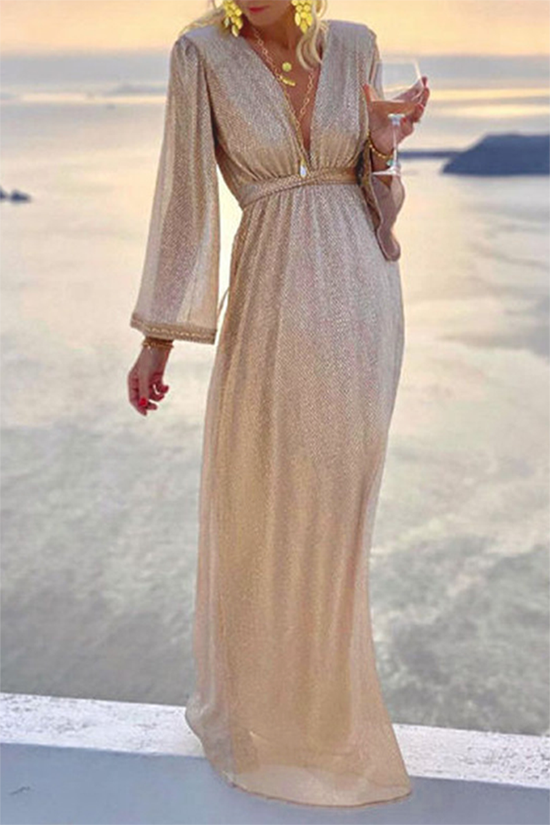 Fashion Elegant Solid Patchwork Fold V Neck Evening Dress Dresses Elegant For Special Occasions