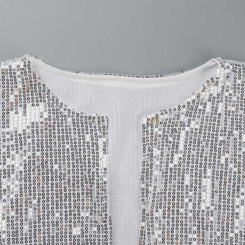 Modieuze bovenkleding met effen pailletten en patchwork met o-hals - een must-have toevoeging