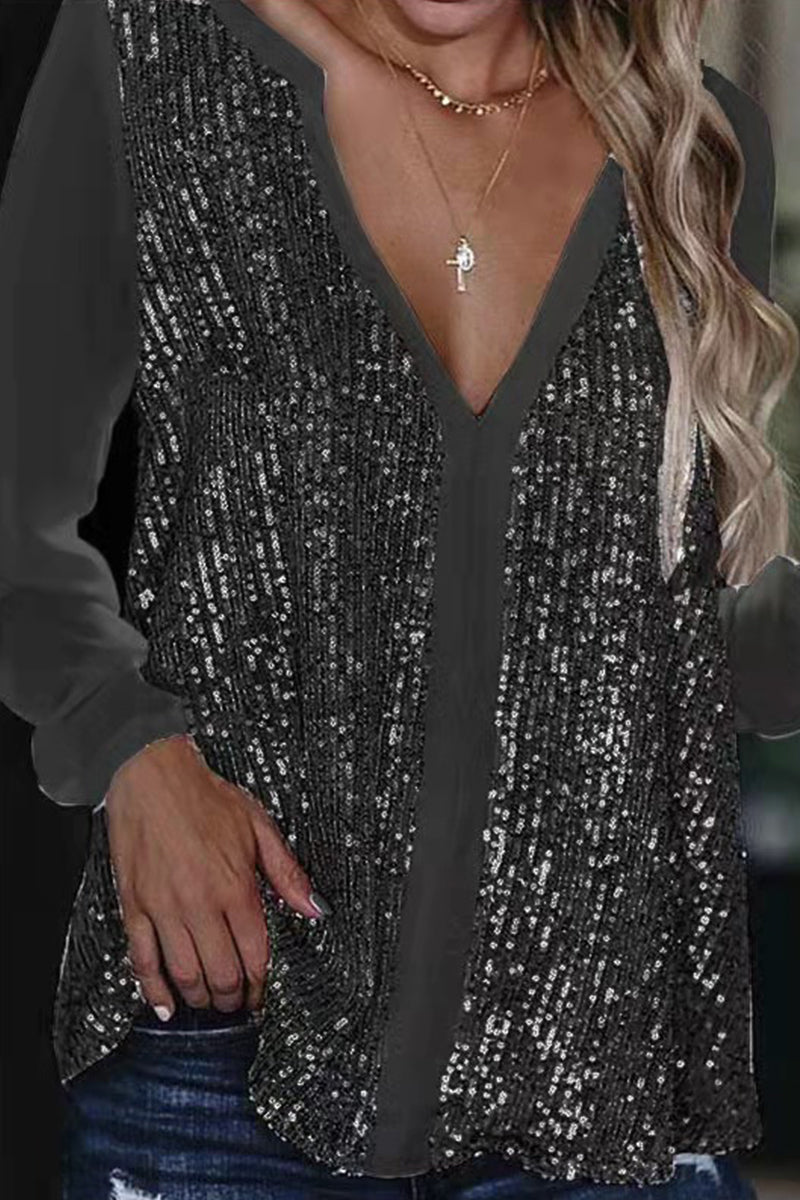 Casual & Stylish Patchwork Sequins V Neck Tops(4 Colors)