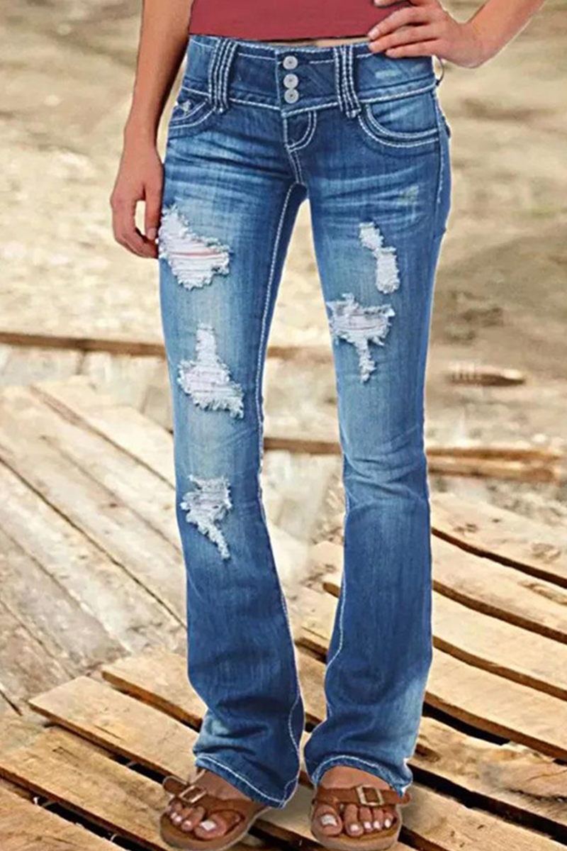 Street-patchwork gescheurde denim jeans met hoge taille en bootcut - een must-have toevoeging