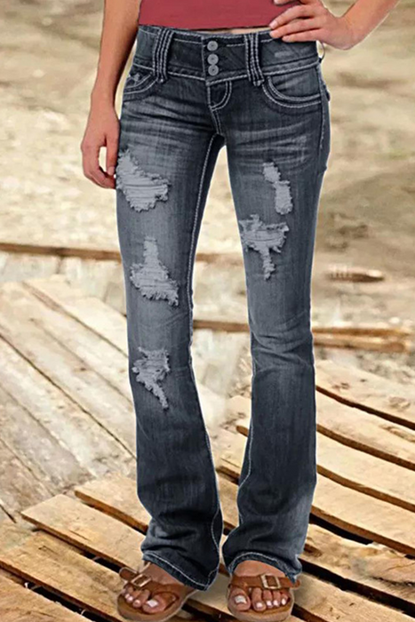 Street-patchwork gescheurde denim jeans met hoge taille en bootcut - een must-have toevoeging