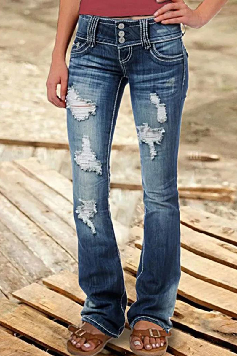 Street-patchwork gescheurde denim jeans met hoge taille en bootcut - een must-have toevoeging