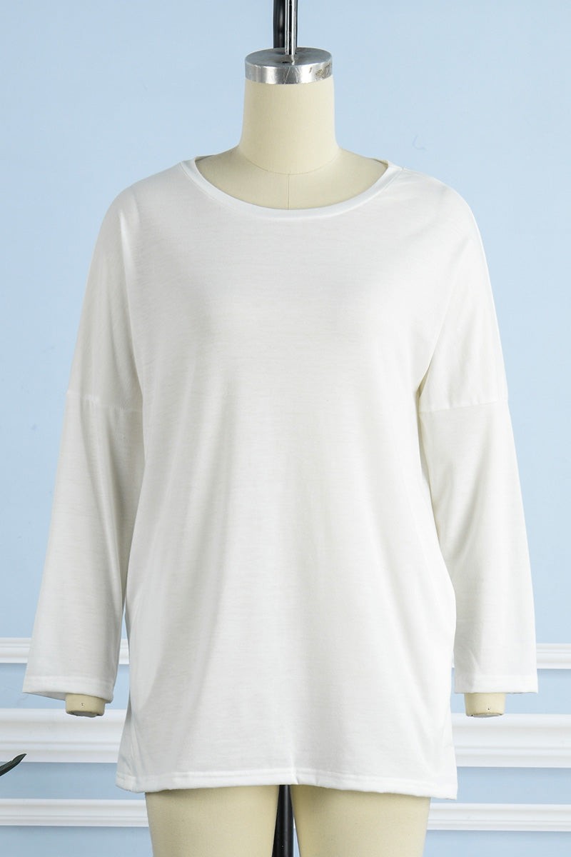 Casual effen patchwork top met zak en O-hals, trendy en veelzijdig