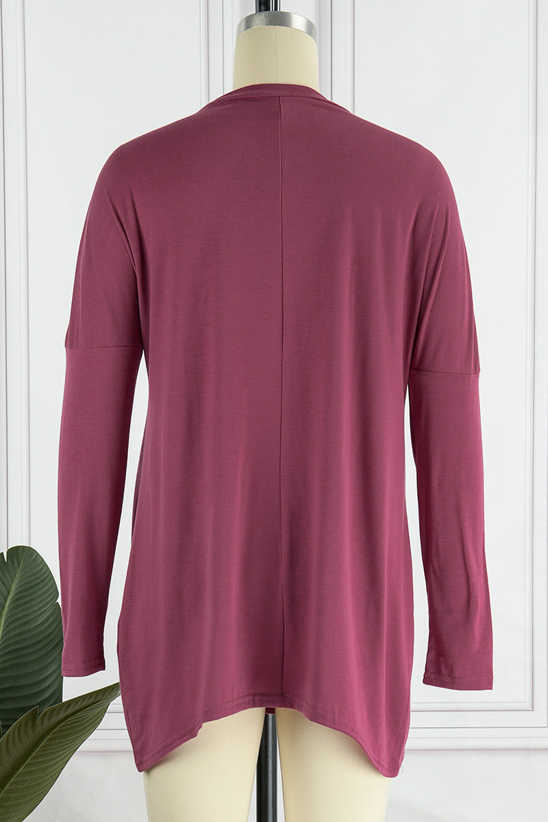 Casual effen patchwork top met zak en O-hals, trendy en veelzijdig