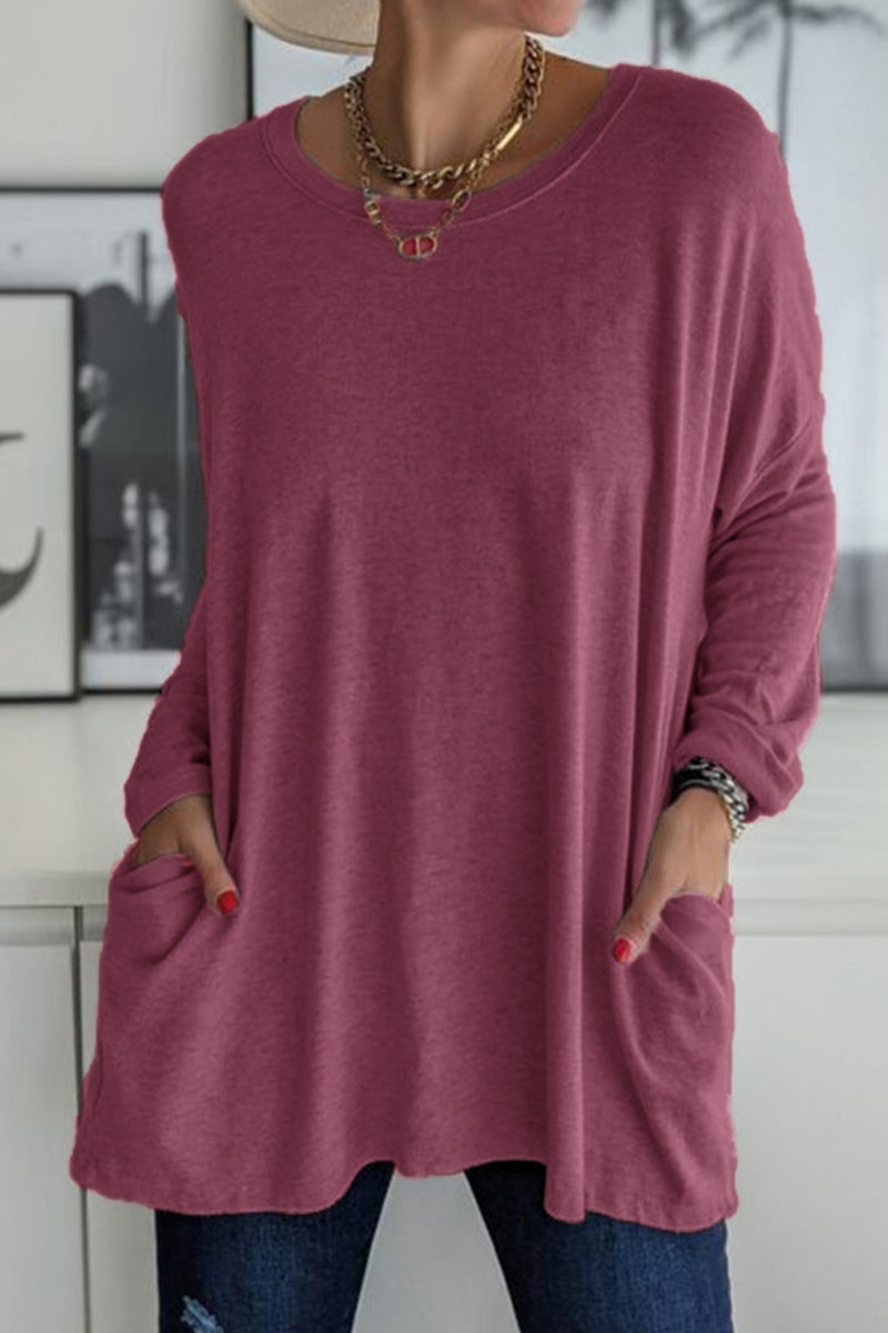 Casual effen patchwork top met zak en O-hals, trendy en veelzijdig