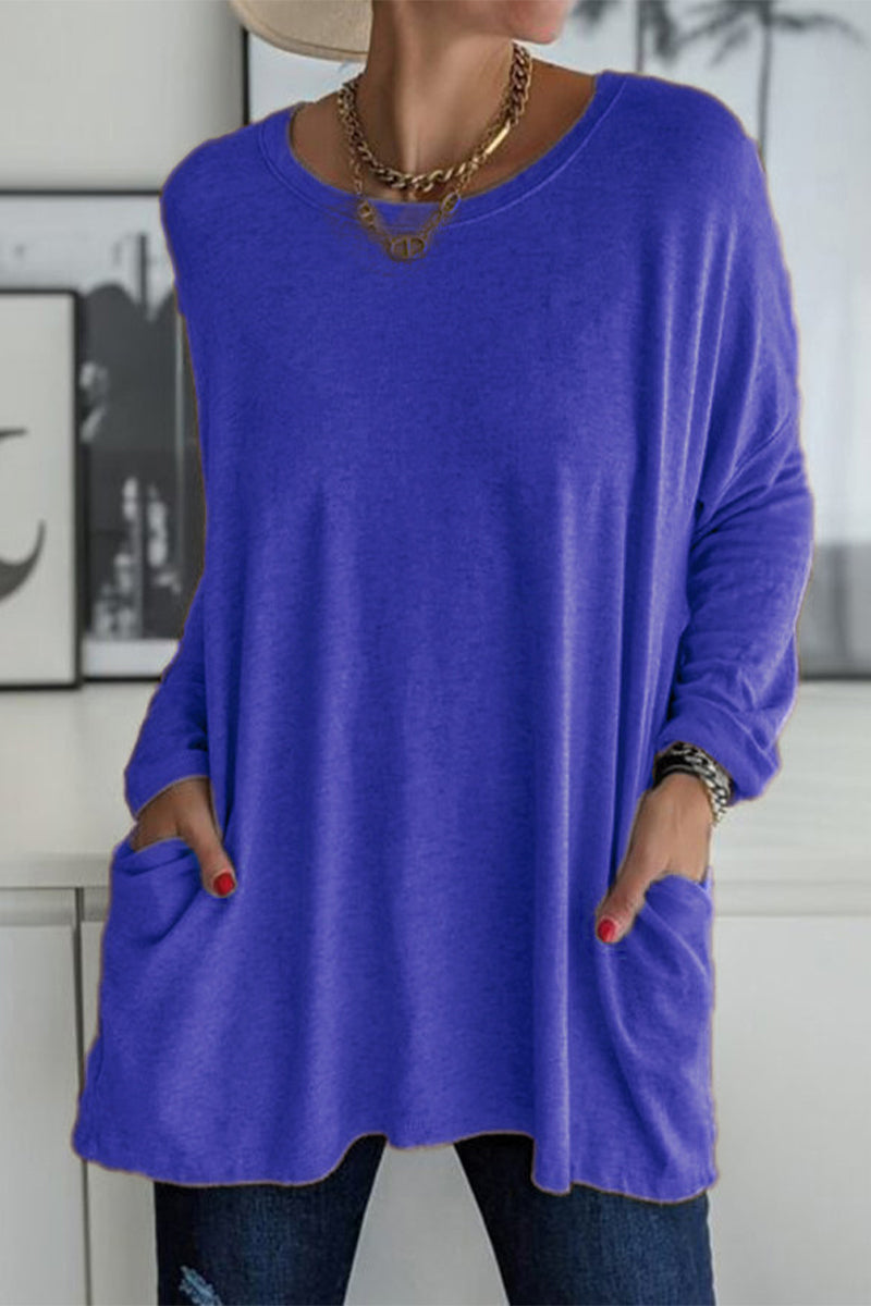 Casual effen patchwork top met zak en O-hals, trendy en veelzijdig