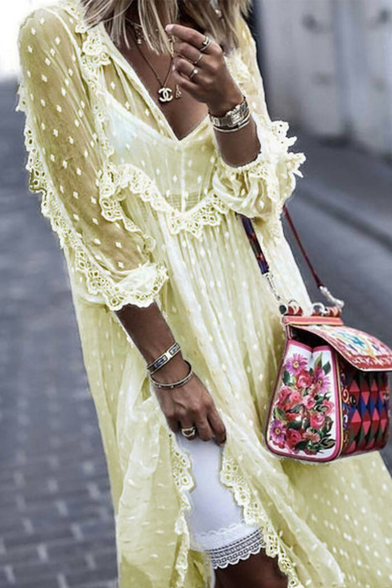 Casual elegante effen kanten frenulum vezelige zelfkant V-hals kanten jurk, elegant voor speciale gelegenheden