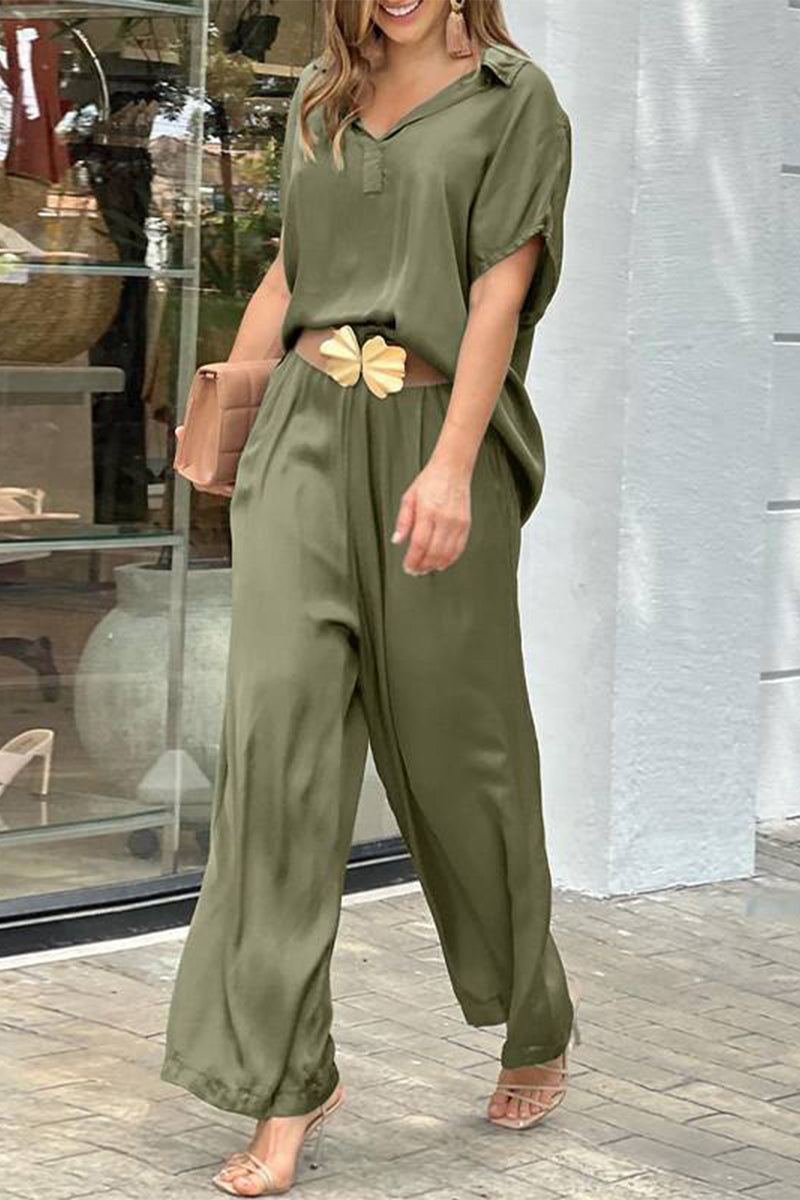 Casual & Stylish Simplicity Classic Solid Without Belt V Neck Short Sleeve Two Pieces(3 Colors)