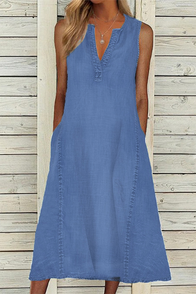 Casual & Stylish Classic Solid Make Old Patchwork V Neck A Line Dresses