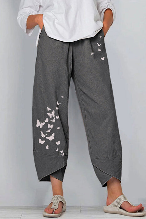 Butterfly Print Capris: Loose Fit Wide Leg Bottoms with Mid Waist
