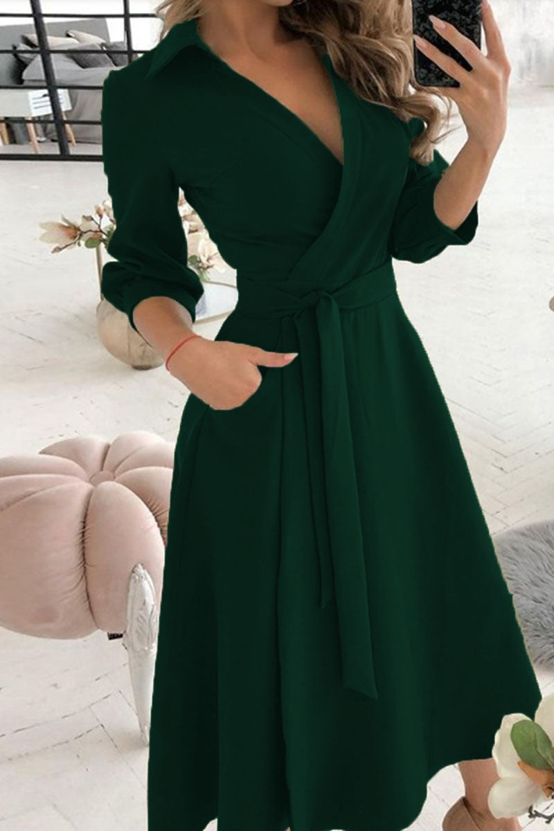 Fashion Casual & Stylish Classic Solid Frenulum V Neck A Line Dresses