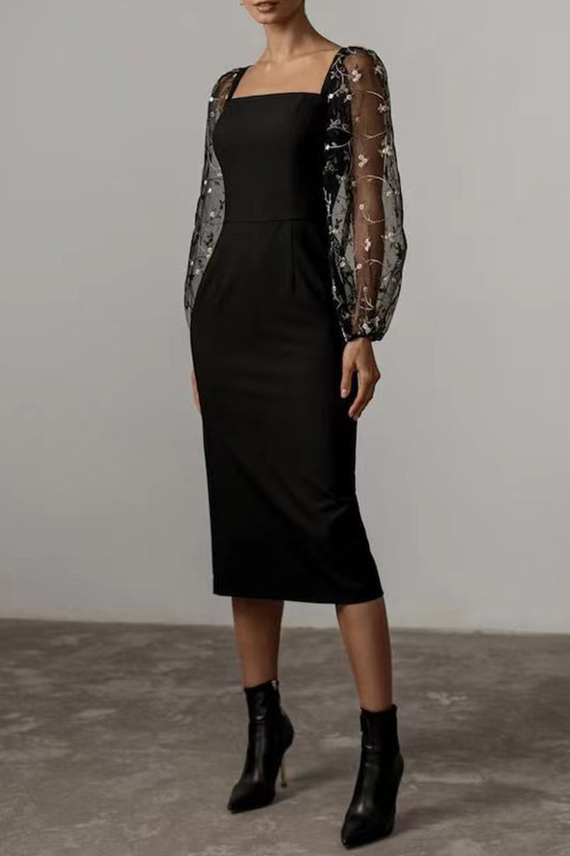 Elegant Solid Embroidered Square Collar Wrapped Skirt Dresses Elegant For Special Occasions