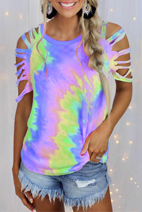 Casual & Stylish Tie Dye Hollowed Out Patchwork O Neck T-shirts