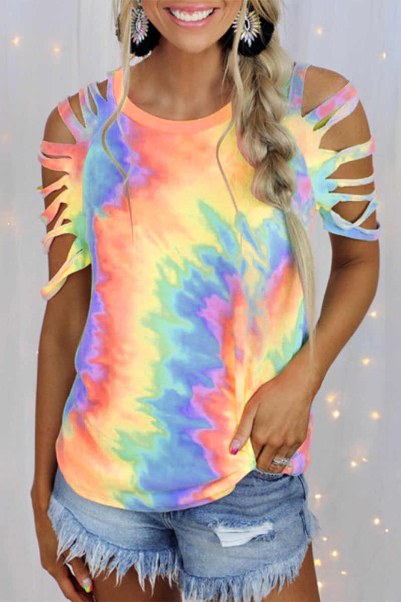 Casual & Stylish Tie Dye Hollowed Out Patchwork O Neck T-shirts