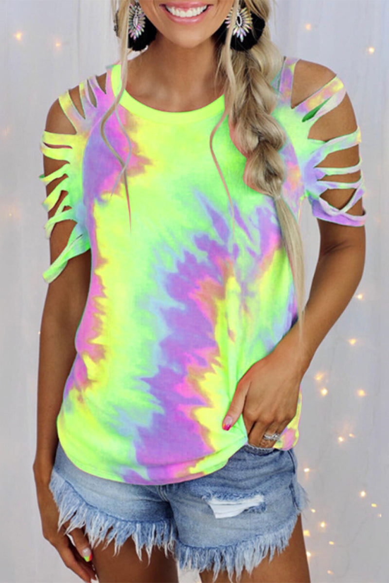 Casual & Stylish Tie Dye Hollowed Out Patchwork O Neck T-shirts